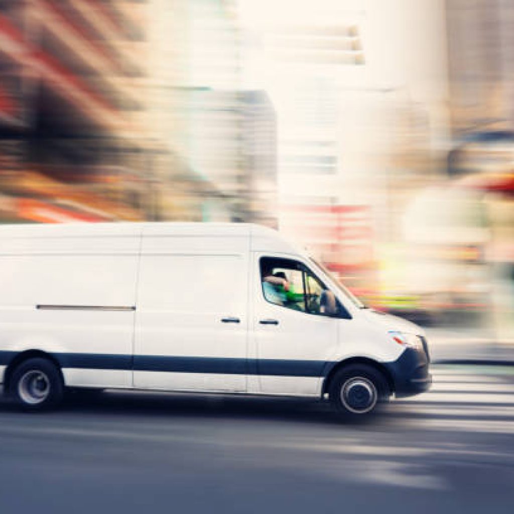 Delivery white van in Manhattan around Times Square area